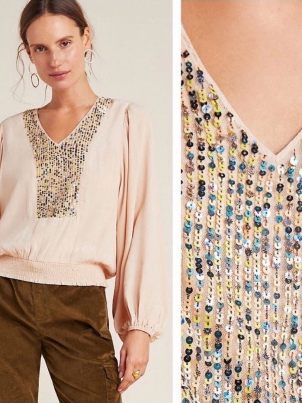 Maeve “Kristie” Sequined V-Neck Blouse in Blush Pink/Peach